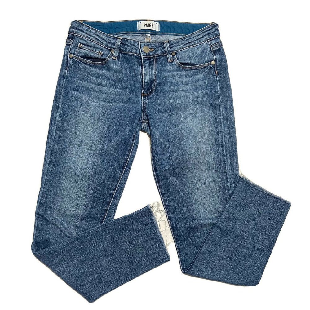 Paige Skyline Ankle Peg Augusta Medium Wash Size 27 Raw Hem Distressed EUC